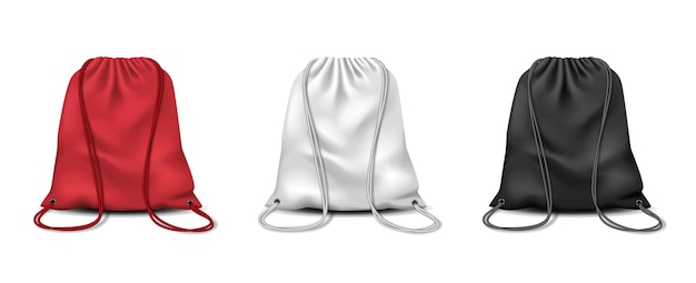 Vector bolsas con cordón deporte o ropa escolar y zapatos mochila maqueta realista bolsa con cordón blanco y negro rojo o paquete de bolsa con cuerdas mochila con cuerdas para gimnasio o viajes ilustración vectorial