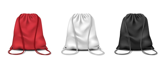 Bolsas con cordón deporte o ropa escolar y zapatos mochila maqueta realista Bolsa con cordón blanco y negro rojo o paquete de bolsa con cuerdas mochila con cuerdas para gimnasio o viajes Ilustración vectorial