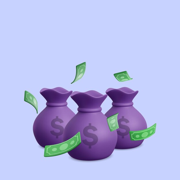 Bolsas de dinero realistas en 3D con moneda de billetes de dólares verdes Ilustración vectorial
