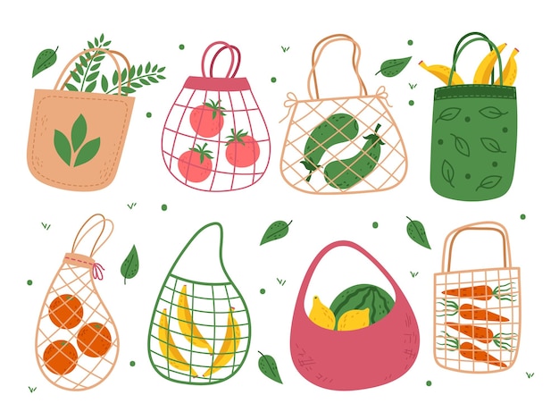 Bolsas ecológicas Diferentes paquetes de ahorros de alimentos productos orgánicos compras verdes mercado local frutas y verduras preocupación ambiental salvar el planeta vector estilo de dibujos animados plano conjunto aislado