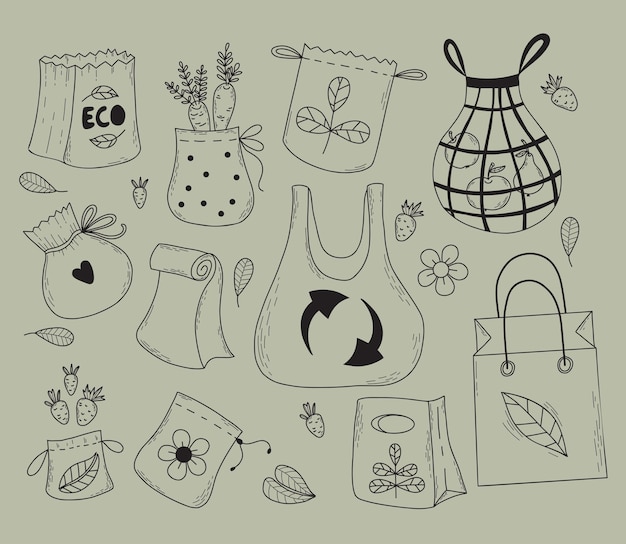 Bolsas ecológicas garabatos Colección bolsas de supermercado de papel paquete textil ecológico y redes
