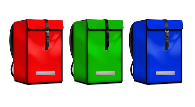 Vector bolsas de entrega de mensajería con tres mochilas realistas de color rojo brillante verde y azul aisladas en la ilustración de vector de fondo blanco