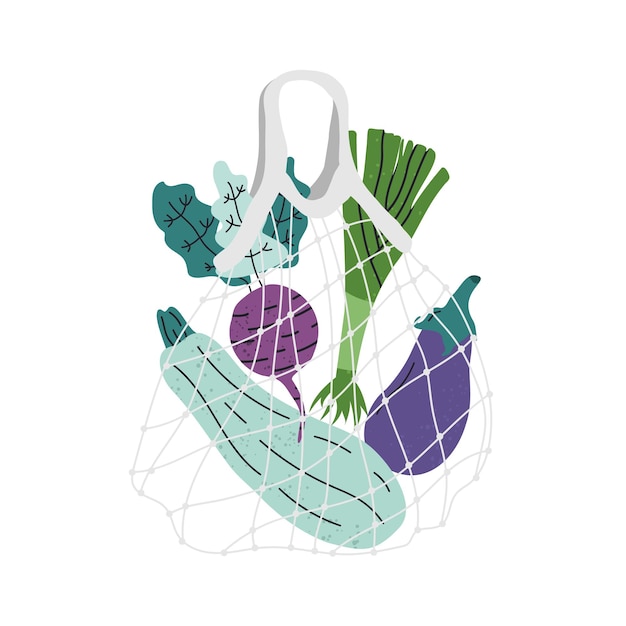 Bolsas de malla de compras ecológicas con varios vegetales.