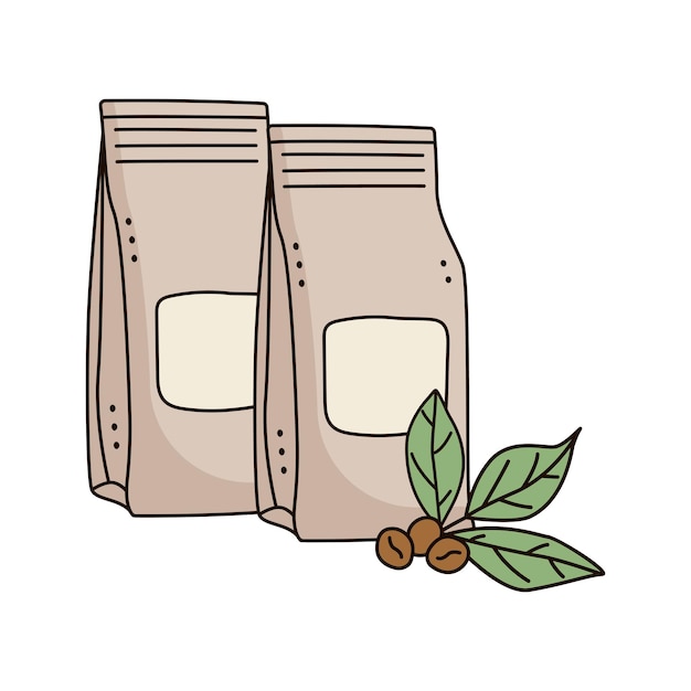 Bolsas de papel kraft con granos de café en ventana transparente aislado sobre fondo blanco.