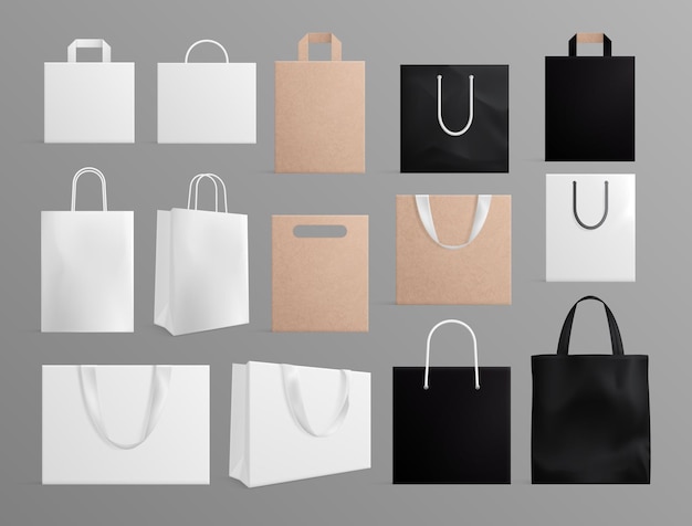 Bolsas de papel realistas. Maqueta de bolso de compras blanco negro, tela en blanco y bolsos artesanales. Embalaje ecológico de moda 3d para el conjunto de vectores de marca. Paquete de maquetas, ilustración de paquete en blanco y negro y marrón