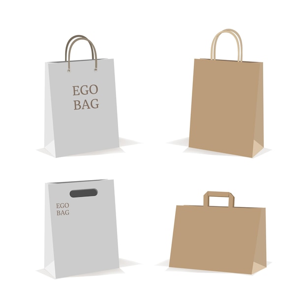 Bolsas de papel sobre fondo blanco aislado Un conjunto de bolsas ecológicas hechas de papel y cartón con asas de cordón Embalaje ecológico para tiendas Embalaje minorista