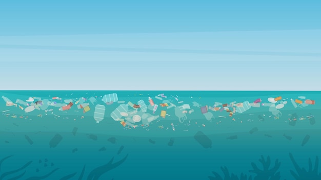 Bolsas de plástico, botellas y desechos tóxicos de la industria flotando en el agua sucia del océano