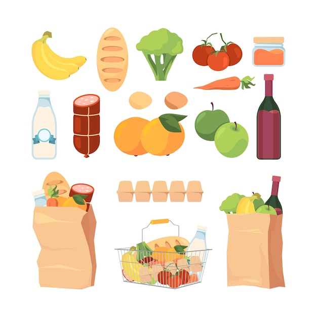 Bolsas de productos. Carritos de la compra con diferentes alimentos de abarrotes, frutas saludables, leche, comer ingredientes de pan para la colección de paquetes de vectores de cocina