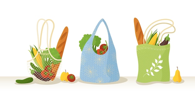 Vector bolsas reciclables con ilustraciones planas de productos orgánicos.