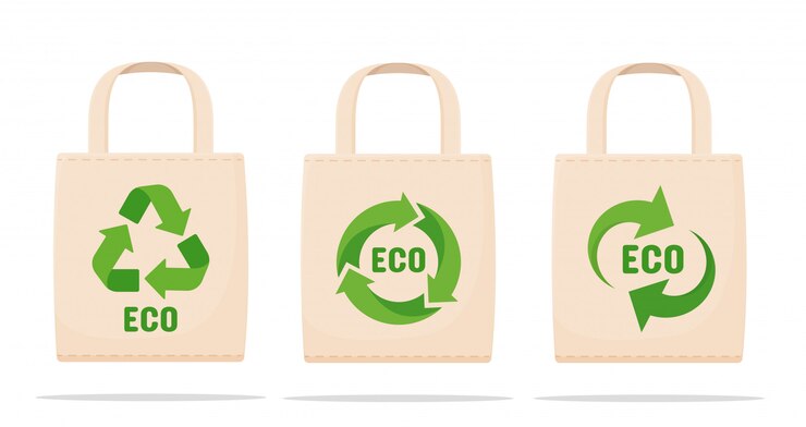 Vector las bolsas reducen la contaminación el concepto de la campaña para reducir el uso de bolsas de plástico con símbolos para su reutilización.