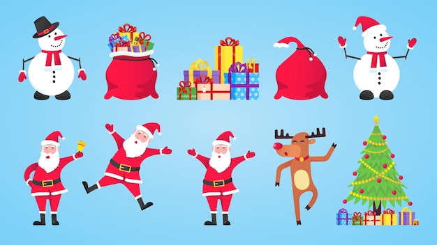 Bolsas de regalo de Papá Noel con regalos, muñeco de nieve, árbol de Navidad, renos, carácter de estilo plano