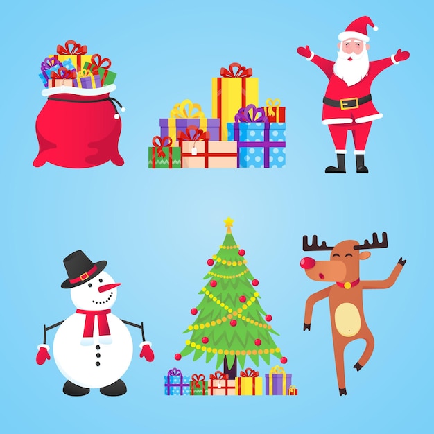 Bolsas de regalo de Santa Claus con regalos muñeco de nieve árbol de Navidad reno conjunto vector de caracteres de estilo plano