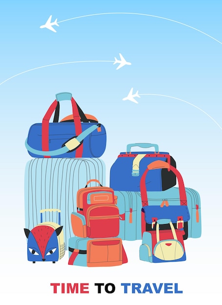 Bolsas de viaje con tiempo para viajar ilustración plana.