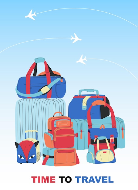 Vector bolsas de viaje con tiempo para viajar ilustración plana.