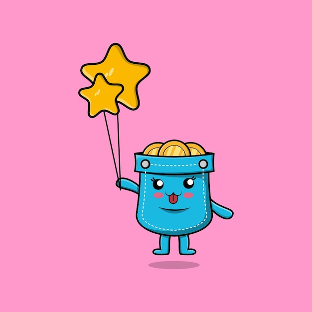 Bolsillo de dibujos animados lindo flotando con ilustración de vector de dibujos animados de globo estrella