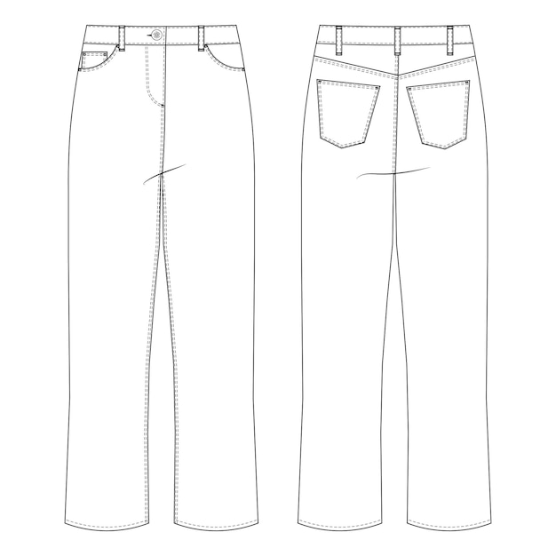 con bolsillo media subida alta subida recta jeans pantalones pantalones plantilla dibujo técnico boceto plano