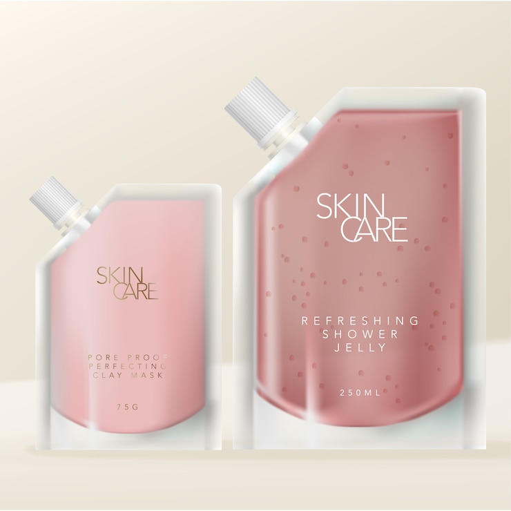 Bolsita, bolsa o paquete transparente o transparente con tapón de rosca acanalado para atención médica, belleza, productos para el cuidado de la piel o bebidas energéticas. Opaque Clay Mask o Clear Shower Jelly Formulation.