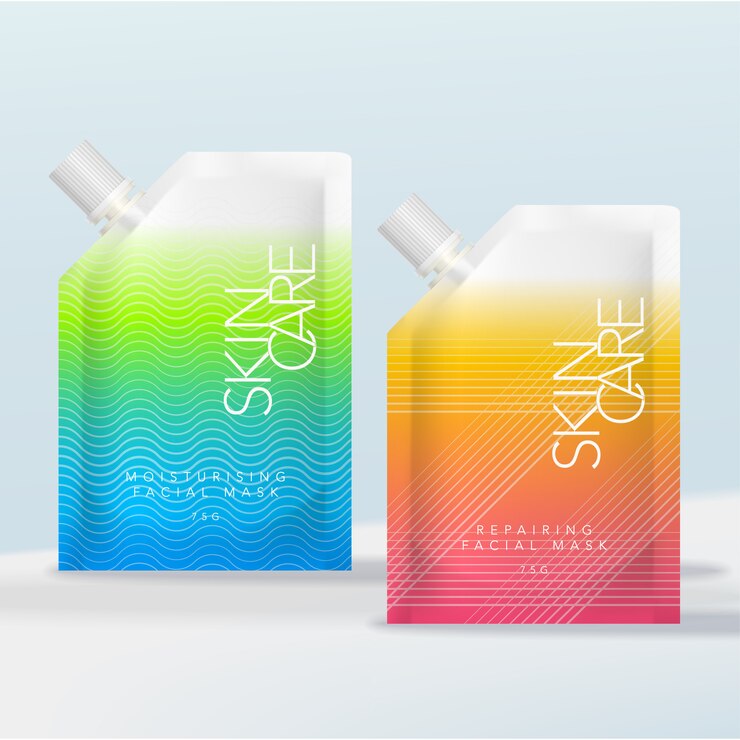 Bolsita o bolsa con tapón de rosca acanalado para productos de salud, belleza, productos para el cuidado de la piel o bebidas energéticas. Patrón geométrico degradado vibrante impreso.