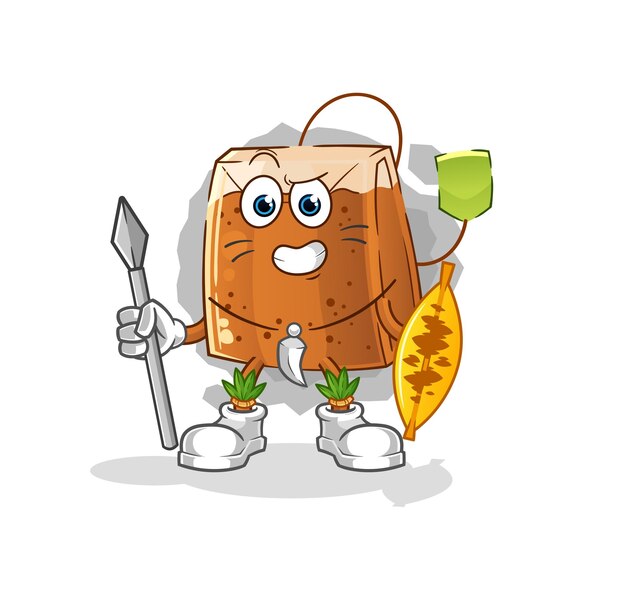bolsita de té mascota luchadora tribal africana. vector de dibujos animados