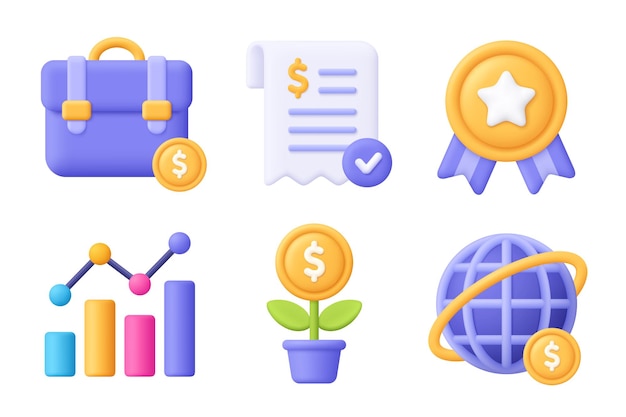 Bolso billete medalla gráfico planta de moneda globo conjunto de iconos vectoriales 3d de negocios estilo minimalista de dibujos animados