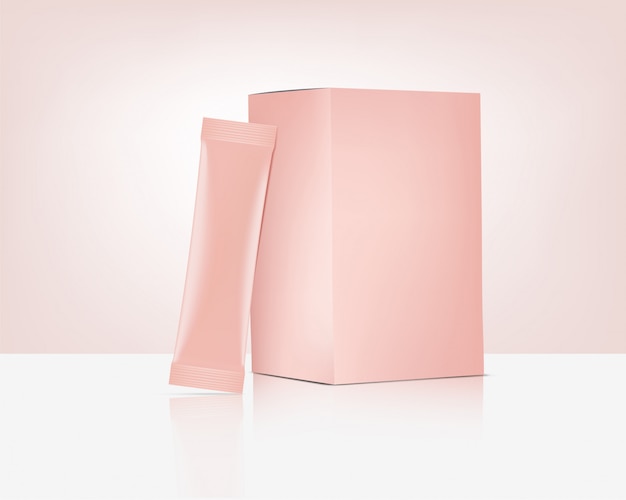 Bolso de bolsita 3d matte stick rose gold con caja de papel aislada. diseño de concepto de envasado de alimentos y bebidas.