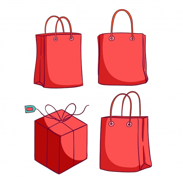 Bolso de compras y caja de regalo con estilo doodle