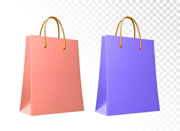 Bolso de compras Diseño realista en 3D Conjunto de coloridos bolsos de compras vacíos Elegante bolso de moda aislado sobre fondo blanco Ilustración vectorial