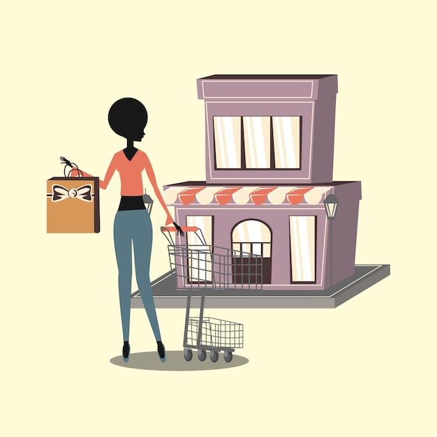 bolso de compras de mujer y ilustración de vector retro de tienda de carro