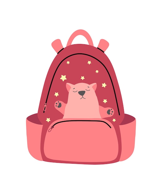 Bolso escolar estilo plano aislado sobre fondo blanco mochila rosa con cremallera