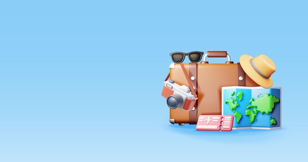 Bolso de viaje de billete de avión 3D cámara fotográfica y sombrero