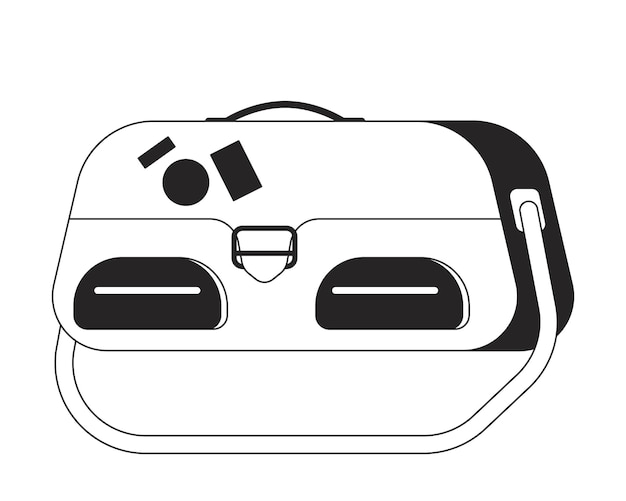 Bolso de viaje plano monocromo aislado objeto vectorial Bolso de mano con pegatinas de equipaje Turismo Dibujo de línea en blanco y negro editable Ilustración de punto de contorno simple para diseño gráfico web