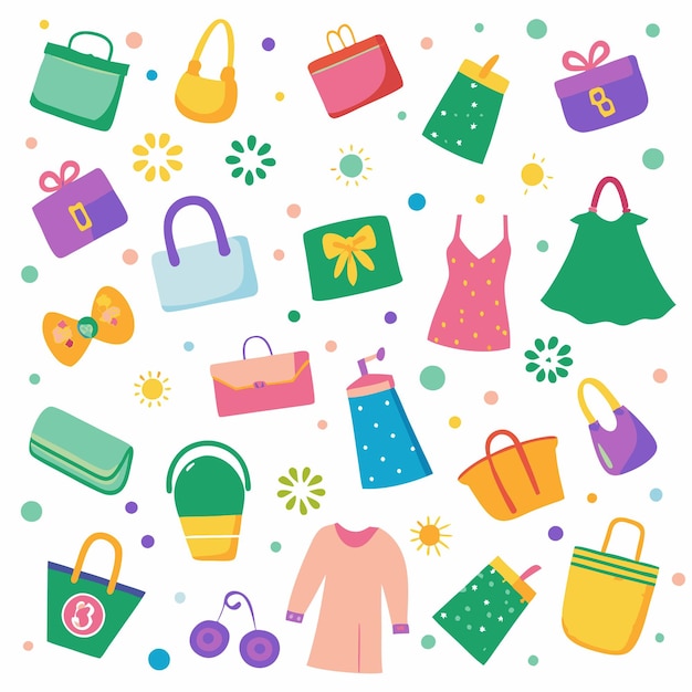 Bolsos dibujados a mano de colores, vestidos y accesorios con puntos y flores