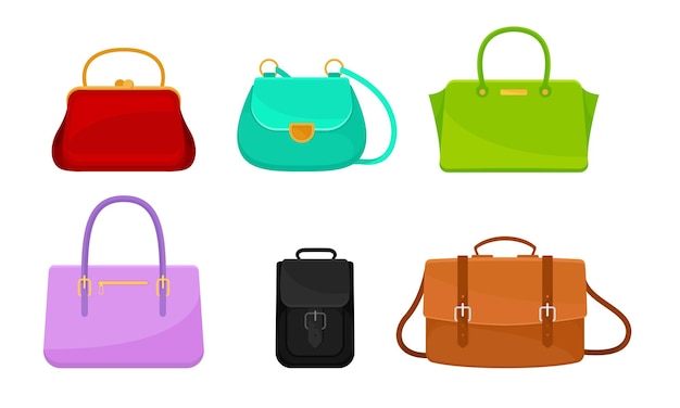 Bolsos femeninos hechos de cuero artificial aislados en un conjunto vectorial de fondo blanco