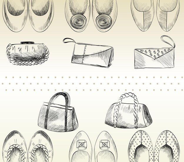 Bolsos de moda y zapatos dibujados a mano ilustración