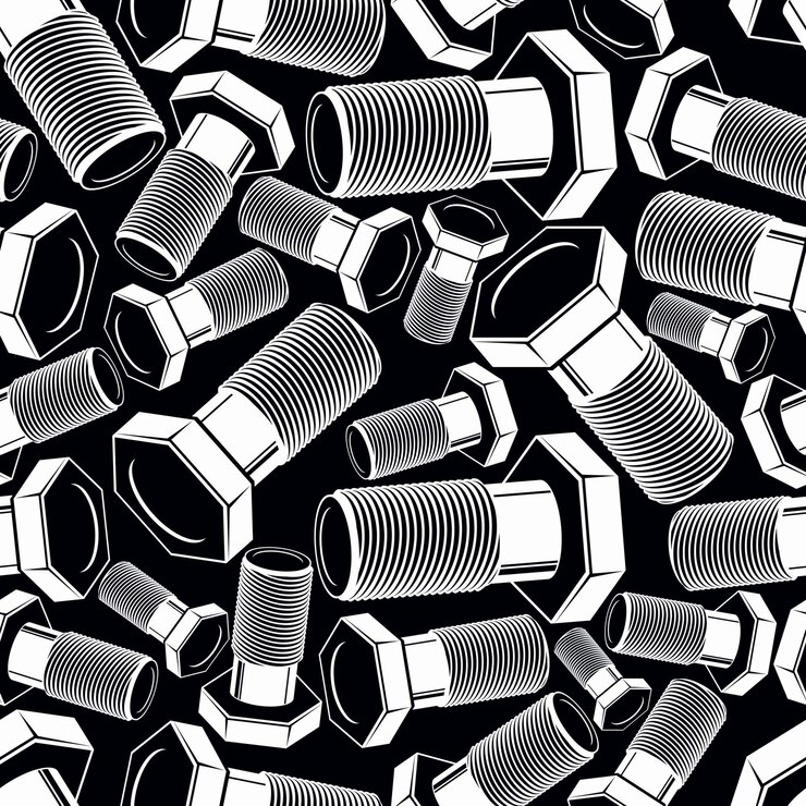 Vector bolt 3d patrón sin costuras vectorial en blanco y negro. fondo creativo con herramientas de trabajo profesionales tridimensionales y altamente detalladas. tema de reparación telón de fondo continuo.