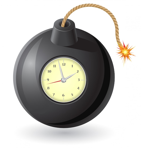 Bomba negra con fusible quemado y un reloj.