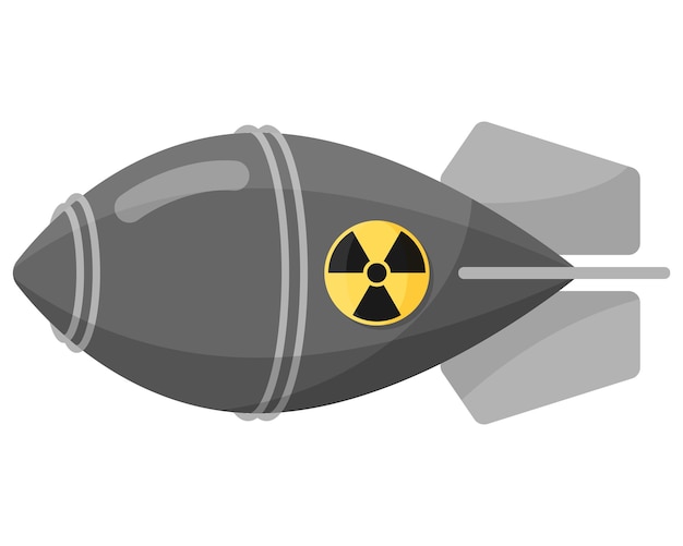 Bomba nuclear o atómica gris o ojiva con icono de signo de radiación. Armas de destrucción masiva. Concepto militar para el ejército y la guerra. Ilustración aislada de dibujos animados vectoriales.