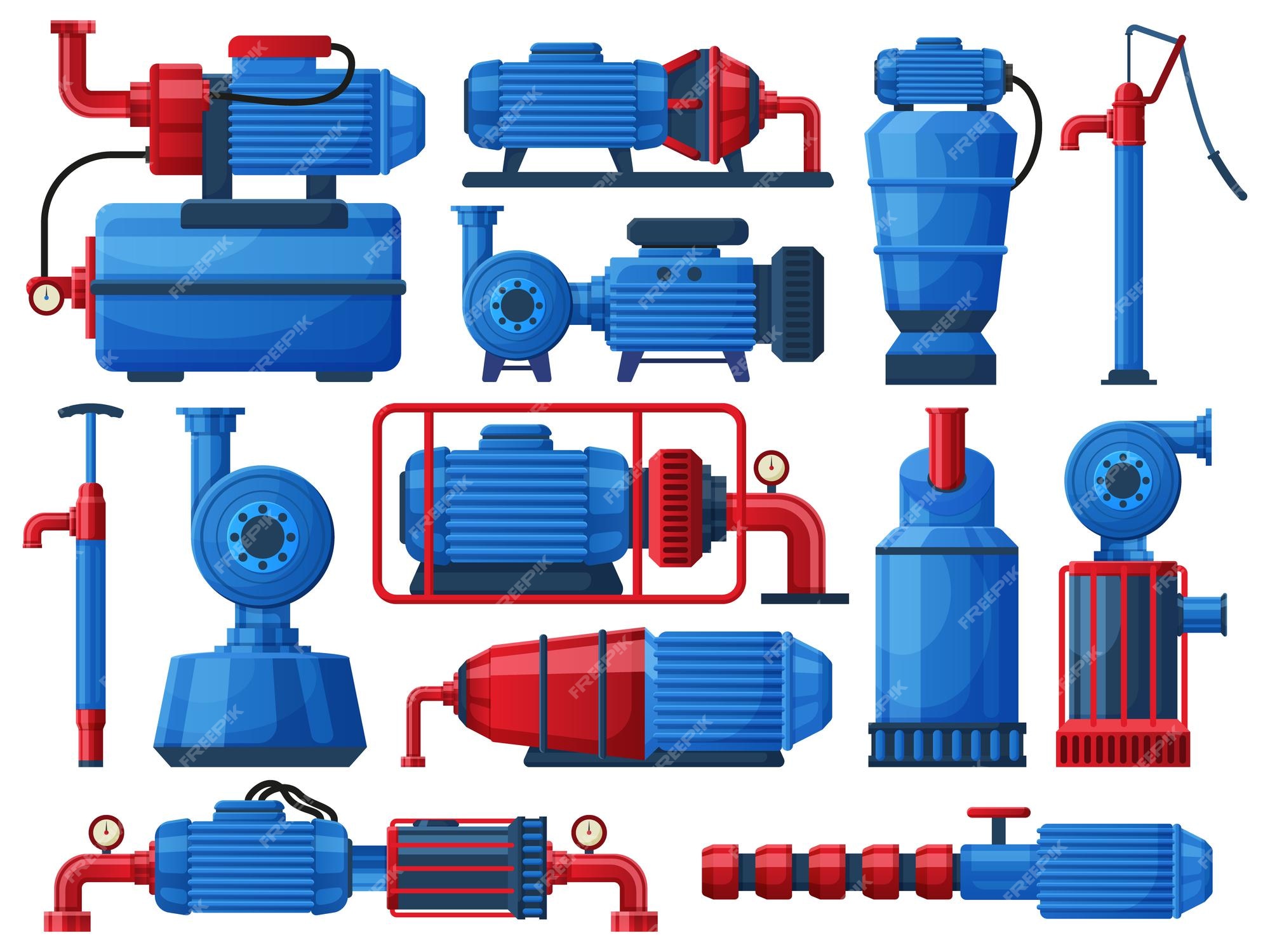 Vuelo bosque vesícula biliar Bombas de agua, sistema de bombeo de motor de agua industrial. tanques de  agua de fábrica, compresores de bombeo de agua vector conjunto de  ilustración plana. sistemas de motores de bombeo. equipo