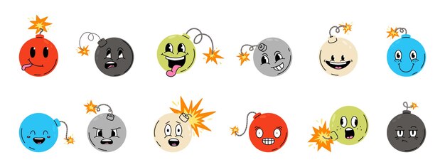 Bombas emocionales divertidas personajes de bombas expresivas de dibujos animados aislados mascotas de armas lindas pegatinas de medios expresiones de plantilla de clipart vectorial cómodo
