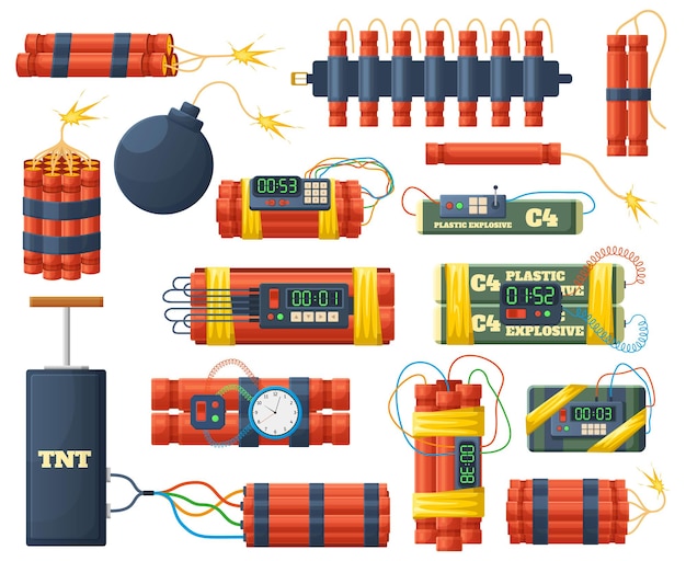 Vector bombas explosivas y cartuchos de dinamita, elementos pirotécnicos peligrosos. palos de dinamita roja, bombas con detonadores de alarma de reloj conjunto de ilustraciones vectoriales. quemando bombas de dinamita