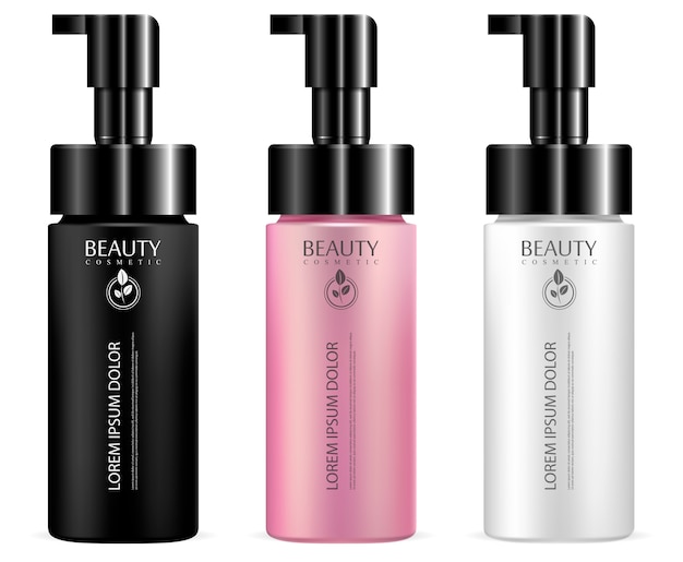 Bombas para productos cosméticos. Plantilla de contenedores de bomba dispensadora. Ilustración realista