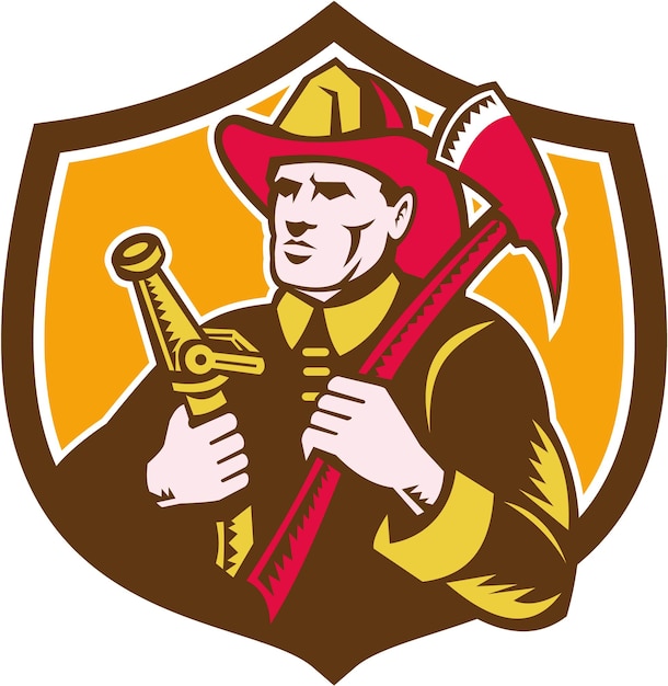 bombero, bombero, hacha, manguera, cresta, xilografía