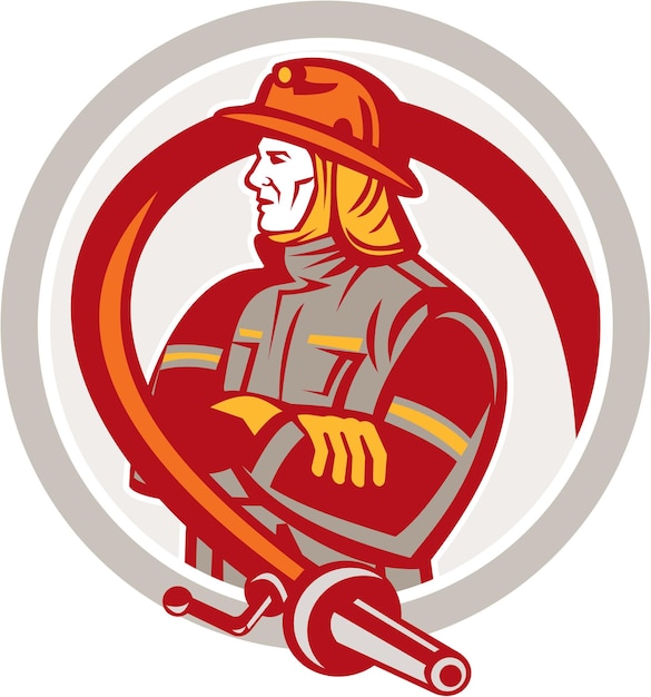 Vector bombero, bombero, posición, brazos plegables, círculo
