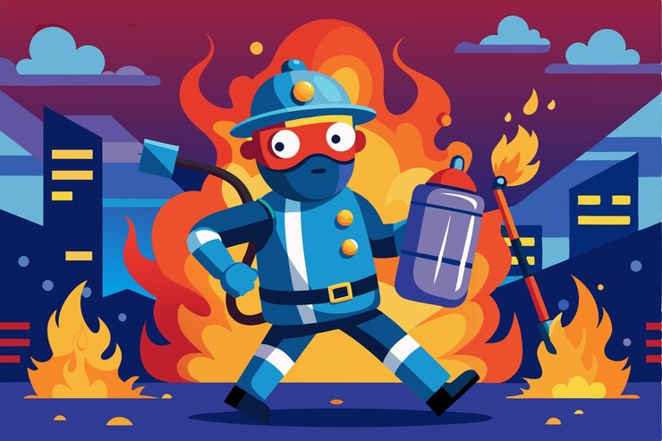 Vector un bombero camina con confianza con un extintor a través de un entorno urbano envuelto en llamas durante la noche promoviendo la seguridad contra incendios