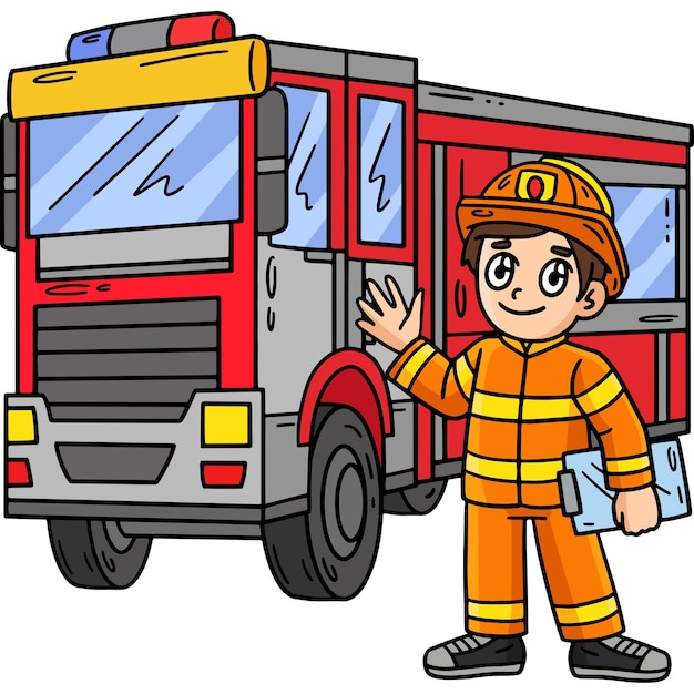 Bombero y camión de bomberos Clipart en color de dibujos animados