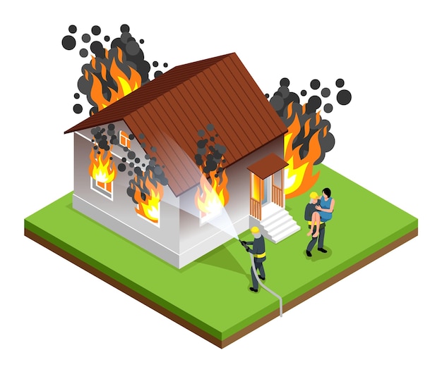 Bombero isométrico concepto aislado bombero extingue la casa en llamas y los residentes de la casa están de pie lado a lado ilustración vectorial