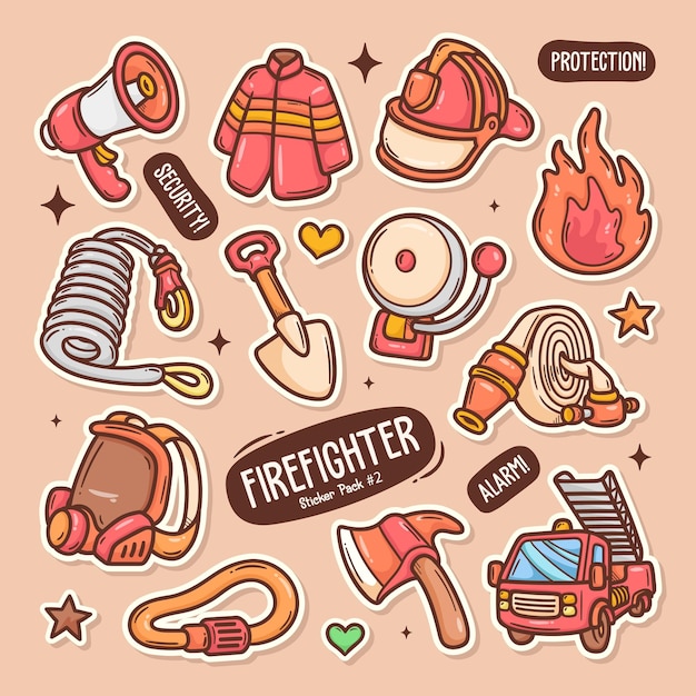 Bombero lindo Doodle Vector colección de pegatinas
