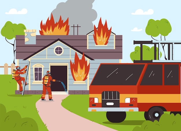 Bombero lucha con fuego valiente bombero quema casa hogar calle concepto