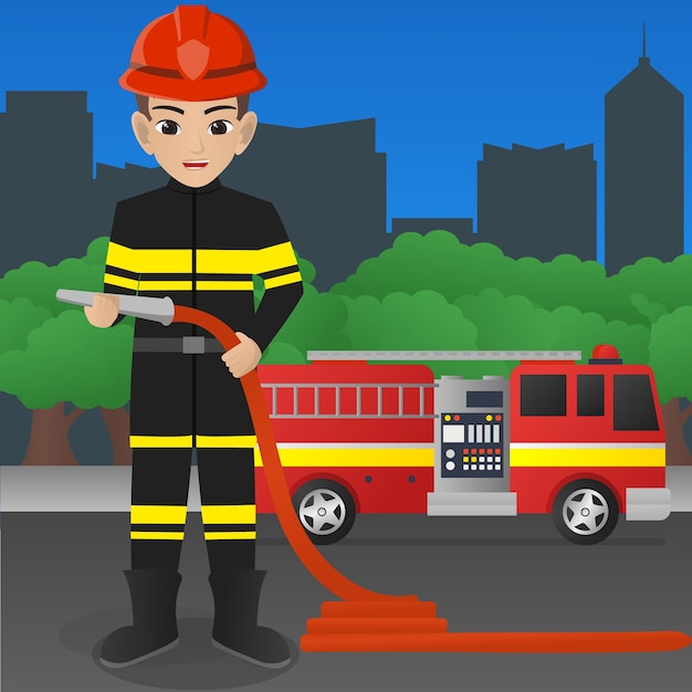 Bombero masculino, tenencia, manguera de agua