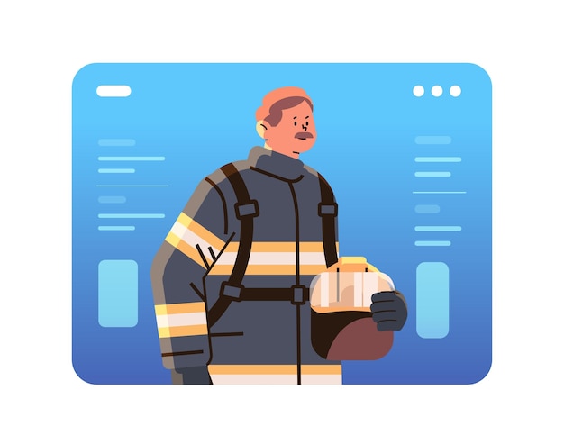 bombero en uniforme bombero con equipo de extinción de incendios servicio de emergencia feliz día del trabajo concepto de celebración ilustración vectorial horizontal